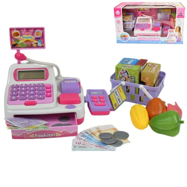 Happy Shopping: Elektronische weiß-rosa Registrierkasse mit Sound und Zubehör 22,5x17cm Bild 1