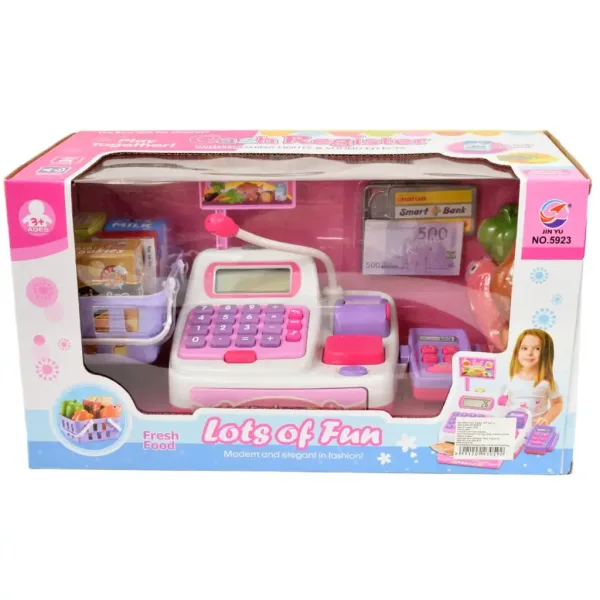 Happy Shopping: Elektronische weiß-rosa Registrierkasse mit Sound und Zubehör 22,5x17cm Bild 2