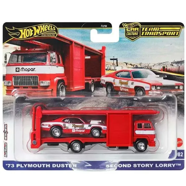 Hot Wheels: Second Story Lorry Premium Autotransporter und 73 Plymouth Duster Modellauto 1/64 – Mattel Bild 1