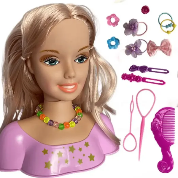 Kämmbarer Puppenkopf mit blonden Haaren, Schleifen und Zubehör. Bild 2