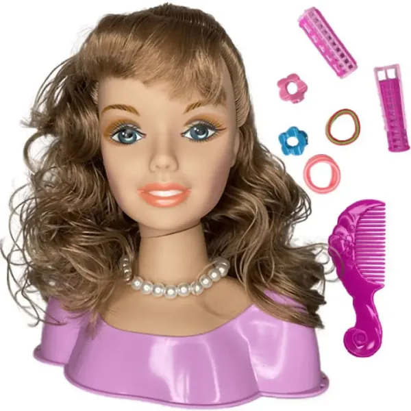 Kämmbarer Puppenkopf mit braunen Haaren, Perlenkette und Zubehör. Bild 2