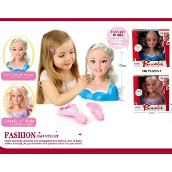 Kämmbarer Puppenkopf mit langen blonden Haaren in zwei verschiedenen Outfits mit Zubehör. Bild 2