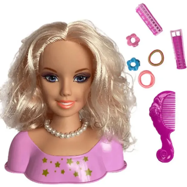 Kämmbarer blonder Langhaarpuppenkopf mit Perlenkette und Zubehör. Bild 2