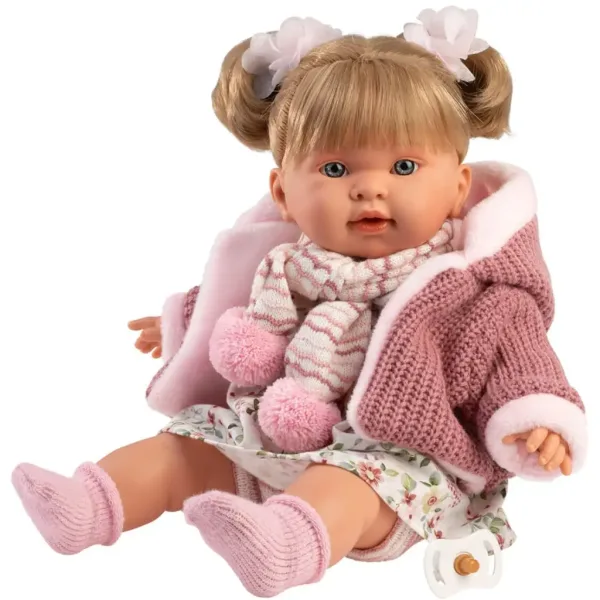 Llorens: Alexandra 42 cm große weinende Puppe mit Schnuller in rosa Strickjacke und geblümtem Rock Bild 2