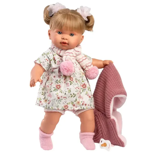 Llorens: Alexandra 42 cm große weinende Puppe mit Schnuller in rosa Strickjacke und geblümtem Rock Bild 3