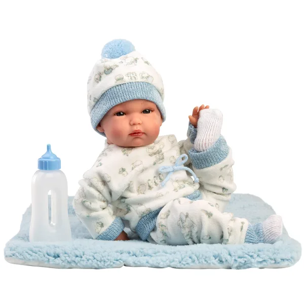 Llorens: Bimbo, 35 cm große Neugeborenenpuppe mit Babyflasche und Decke. Bild 2