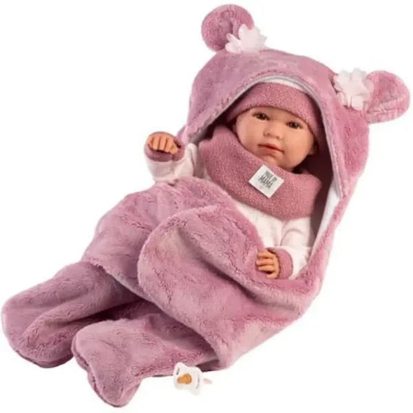 Llorens: Mimi 42 cm große weinende Puppe mit rosa Bärenohren und weichem Schlafsack Bild 2