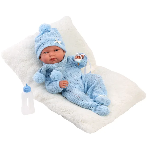 Llorens: Nico, 40 cm große Neugeborenenpuppe mit Fläschchen und Kissen. Bild 3
