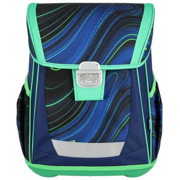Spirit: Blue Stripes Schultasche/Rucksack mit blau-grünen Streifen auf schwarzem Hintergrund, 4-teiliges Set, 41x20x32cm Bild 2