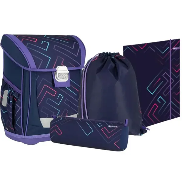 Spirit: Color Lines Schultasche, Rucksack mit bunten Linien auf lila Grund, 4-teiliges Set, 41x20x32 cm