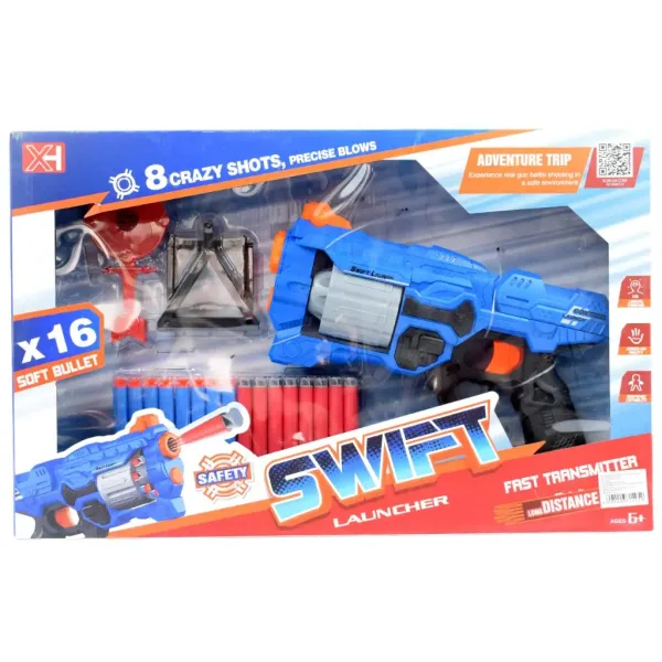 Swift Launcher: Manuelle Schaumstoffpistole mit Trommelmagazin, Patronen und Zielscheibe, 32 cm Bild 2