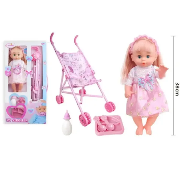 Blonde Haar Puppe mit Kinderwagen, Babyflasche und Essgeschirr. Bild 2