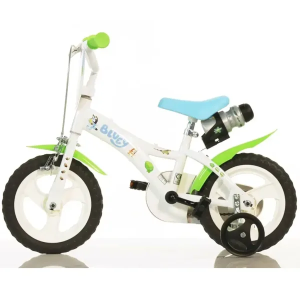 Bluey 12” Kinderfahrrad mit Flaschenhalter und Stützrädern in Weiß-Blau-Grün – Dino Bikes Fahrrad Bild 2