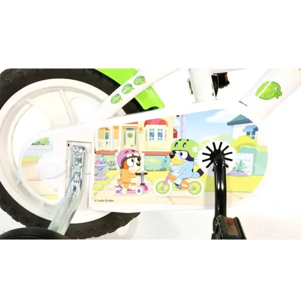 Bluey 12” Kinderfahrrad mit Flaschenhalter und Stützrädern in Weiß-Blau-Grün – Dino Bikes Fahrrad Bild 4