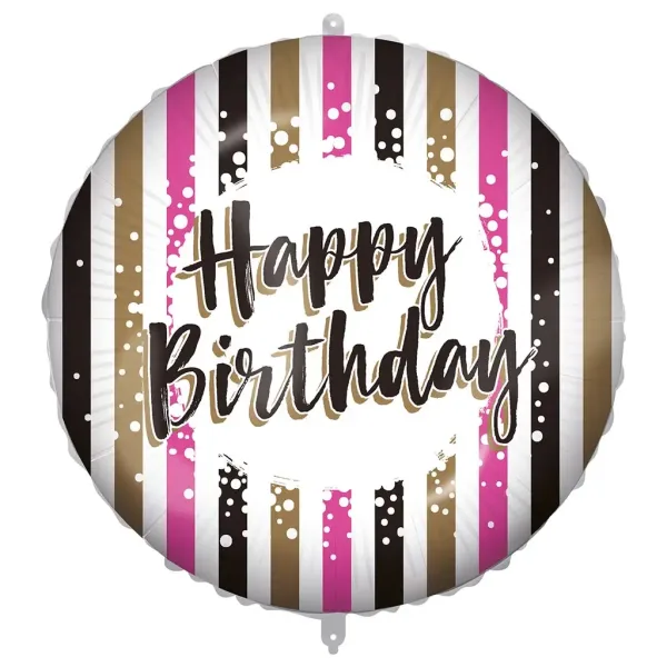 Geburtstags-Folienballon – mit der Aufschrift „Happy Birthday“, gold-schwarz-rosa gestreiftes Design, 46 cm Bild 1