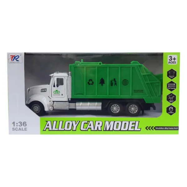 Heavy Duty Truck: Schwerlast-LKW-Modell mit Rückziehmotor, Metall, selektiver Müllsammler, mit öffnenden Türen und Mülltonne, Maßstab 1/36 Bild 2