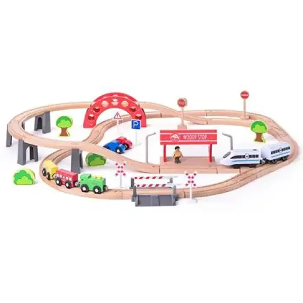 Holzeisenbahn mit Batterielok 60-teiliges Set - Woodyland Bild 2