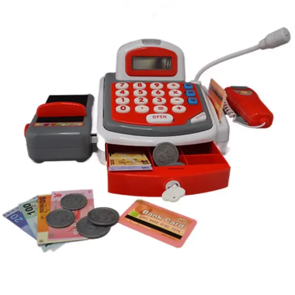 Rote funktionale elektrische Registrierkasse mit Förderband, Produkten und Sound. Bild 3