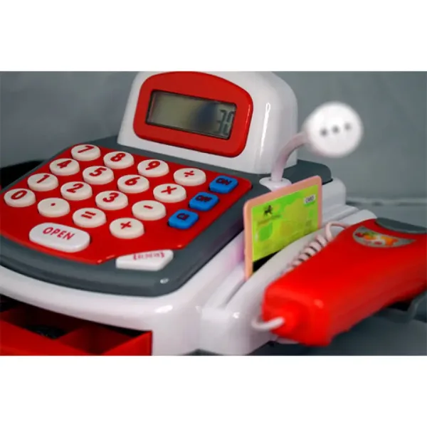 Rote funktionale elektrische Registrierkasse mit Förderband, Produkten und Sound. Bild 7