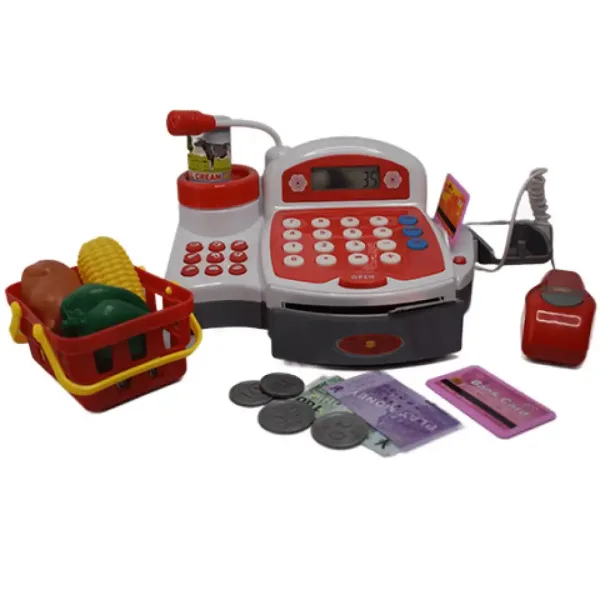 Rote funktionale elektrische Registrierkasse mit Spielgeld, Produkten und Geräuschen Bild 3