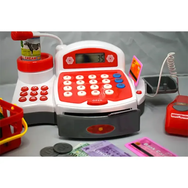 Rote funktionale elektrische Registrierkasse mit Spielgeld, Produkten und Geräuschen Bild 4