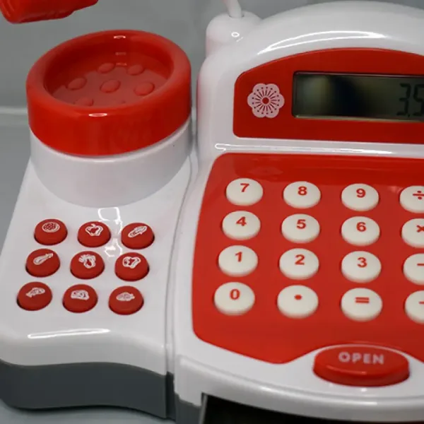 Rote funktionale elektrische Registrierkasse mit Spielgeld, Produkten und Geräuschen Bild 5