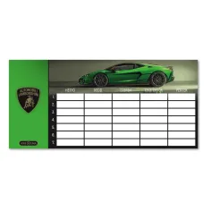 Ars Una: Grüner Stundenplan mit Lamborghini-Motiven, ein Blatt, beidseitig bedruckt