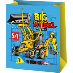 Big Wheel Geschenktasche groß mit Baumaschinen‑Motiv, 26 x 13 x 33 cm