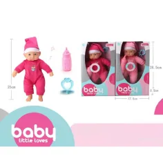 Ein Baby in einem Schlafanzug mit Schnuller und Flasche in zwei Varianten. Bild 2