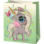Exklusive große grüne Geschenktasche mit Einhornmuster, 26 x 13 x 33 cm