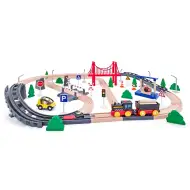 Holzeisenbahn-Set mit Eisenbahnbrücke und batteriebetriebener Lokomotive - Woodyland
