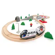 Holzeisenbahn zum Zusammenbauen mit Personenzug und weiterem Zubehör, 45-teilig - Woodyland