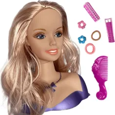 Kämmbarer Puppenkopf mit blonden Haaren, Lockenwicklern und Zubehör Bild 2