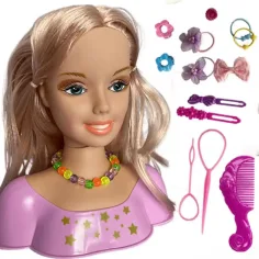 Kämmbarer Puppenkopf mit blonden Haaren, Schleifen und Zubehör. Bild 2