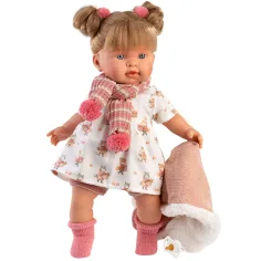 Llorens: Alexandra, 42 cm große weinende Babypuppe mit Schnuller in einem Outfit mit Tiermotiven.