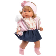 Llorens: Carla, 42 cm große weinende Puppe mit Schnuller in blauem Rock.