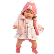 Llorens: Carla, 42 cm große weinende Puppe mit Schnuller und Mütze mit Herzchen.