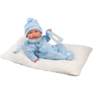 Llorens: Nico, 40 cm große Neugeborenenpuppe mit Fläschchen und Kissen.