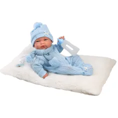 Llorens: Nico, 40 cm große Neugeborenenpuppe mit Fläschchen und Kissen.