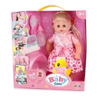 Puppe mit Haaren in rosa Kleidung mit Zubehör, 35 cm