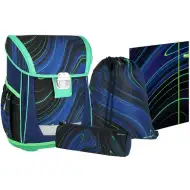 Spirit: Blue Stripes blau-grüne Streifen auf schwarzem Hintergrund Schultasche, Rucksack 4-teiliges Set 41x20x32cm