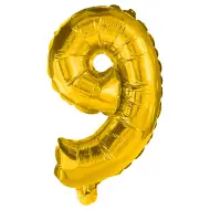 Zahlreiche Folienballons in Goldfarbe – Zahl 9, 86 cm