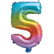 Zahlreiche Folienballons in Metallic-Regenbogenfarben – Zahl 5, 34 cm.