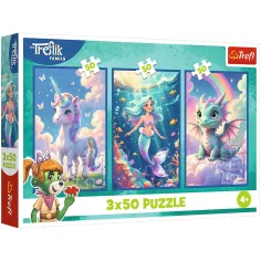 Bunte Märchenwelt – 3 x 50 Teile Puzzle mit Einhorn, Meerjungfrau und Drache – Trefl