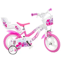Flappy 12” Kinderfahrrad mit Korb und Puppensitz in Rosa-Weiß - Dino Bikes Fahrrad