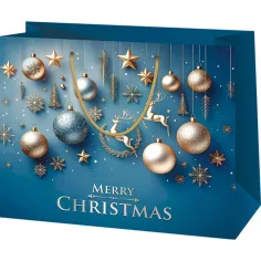 Frohe Weihnachten mit gold-silbernen Ornamenten und Rentieren blaue mittelgroße Geschenktüte 18x23x10cm