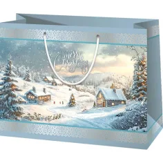 Frohe Weihnachten Schneelandschaft gemusterte große Geschenktasche 26x13x33cm
