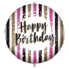 Geburtstags-Folienballon – mit der Aufschrift „Happy Birthday“, gold-schwarz-rosa gestreiftes Design, 46 cm