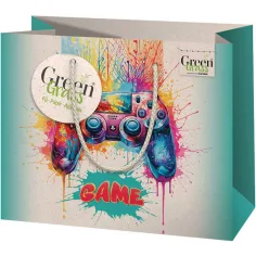 Grüner Gras Gamer gemusterte Premium Geschenktasche mittelgroß 18x10x23cm Bild 1