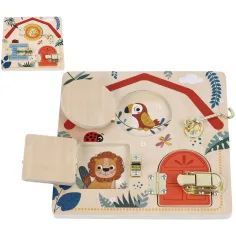 Holz-Fähigkeiten-entwickelnde Schließtafel mit öffnenden Türen und Tierfiguren